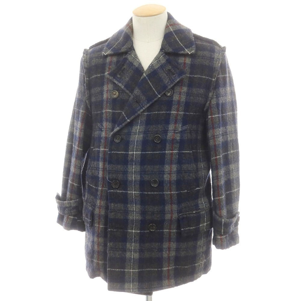 【中古】コムデギャルソンオム COMME des GARCONS HOMME ウール チェック ピーコート ネイビーxグレー【 サイズSS 】【 状態ランクB 】【 メンズ 】 [CPD]