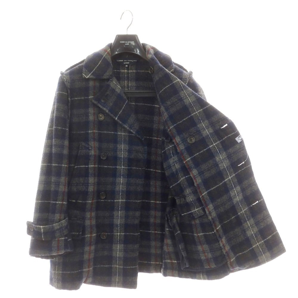 【中古】コムデギャルソンオム COMME des GARCONS HOMME ウール チェック ピーコート ネイビーxグレー【 サイズSS 】【 状態ランクB 】【 メンズ 】 [CPD]
