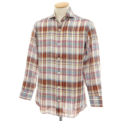 【中古】ジャンネット giannetto リネン チェック ホリゾンタルカラー カジュアルシャツ ブラウンxホワイト【サイズS】【 状態ランクC 】【 メンズ 】