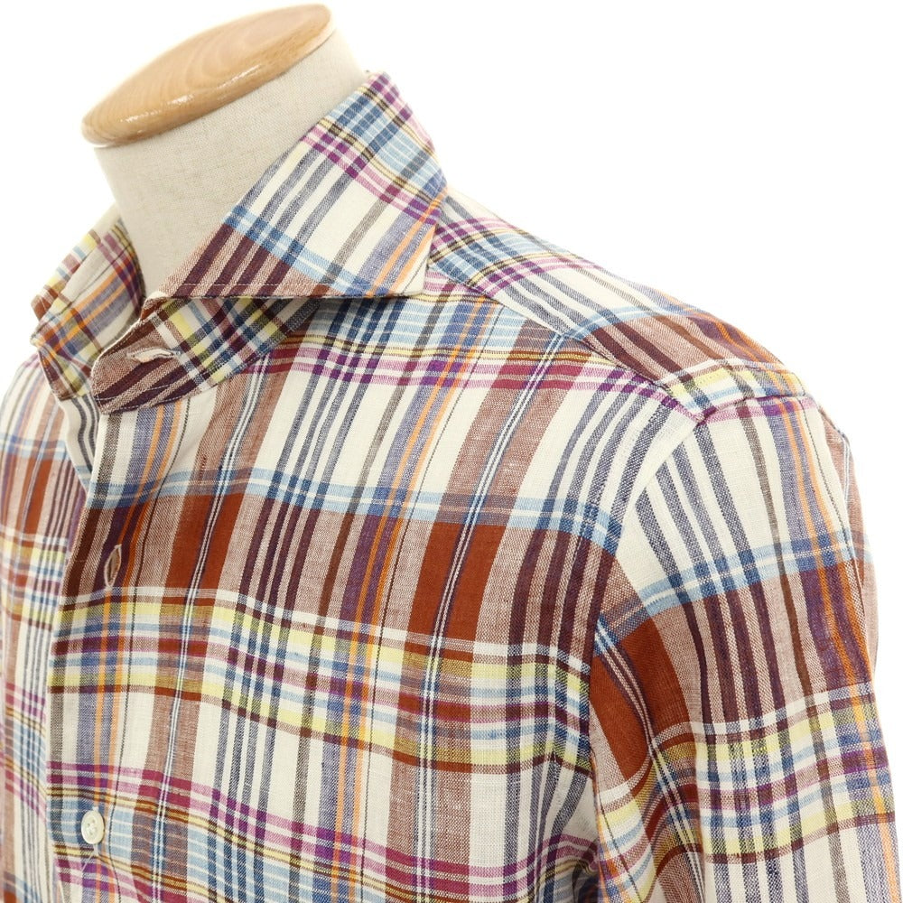 【中古】ジャンネット giannetto リネン チェック ホリゾンタルカラー カジュアルシャツ ブラウンxホワイト【サイズS】【 状態ランクC 】【 メンズ 】