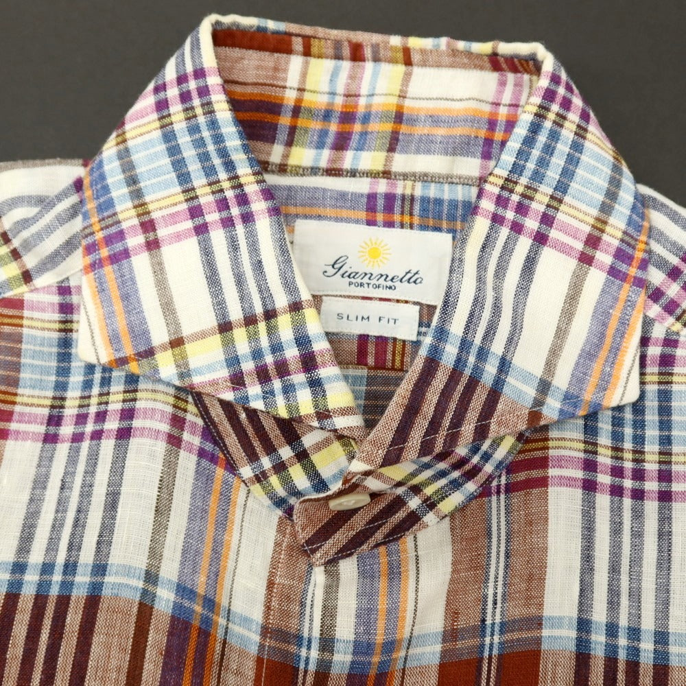 【中古】ジャンネット giannetto リネン チェック ホリゾンタルカラー カジュアルシャツ ブラウンxホワイト【サイズS】【 状態ランクC 】【 メンズ 】