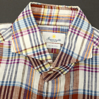 【中古】ジャンネット giannetto リネン チェック ホリゾンタルカラー カジュアルシャツ ブラウンxホワイト【サイズS】【 状態ランクC 】【 メンズ 】