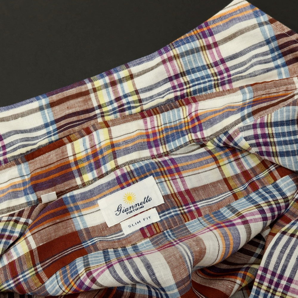 【中古】ジャンネット giannetto リネン チェック ホリゾンタルカラー カジュアルシャツ ブラウンxホワイト【サイズS】【 状態ランクC 】【 メンズ 】