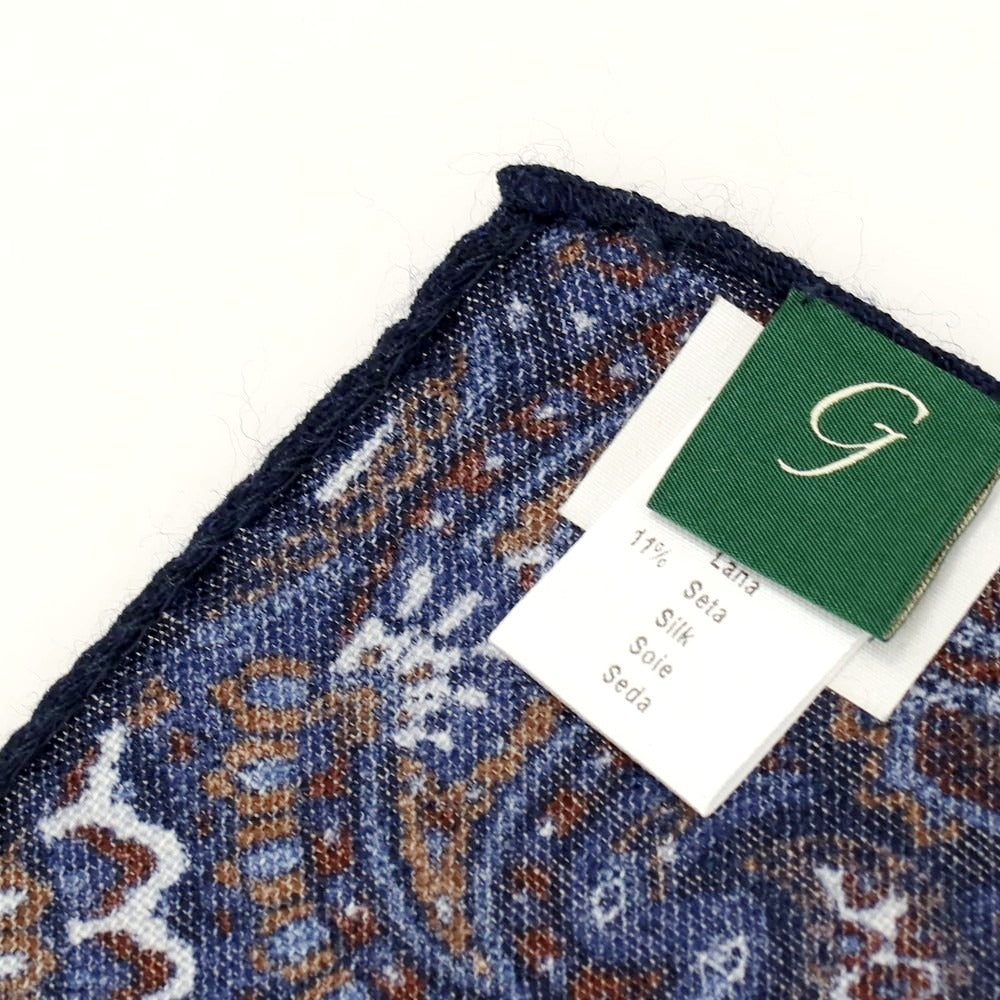 【中古】ジエレ GIERRE ウールシルク ペイズリー柄 ポケットチーフ ネイビーxダークブラウン【 状態ランクA 】【 メンズ 】