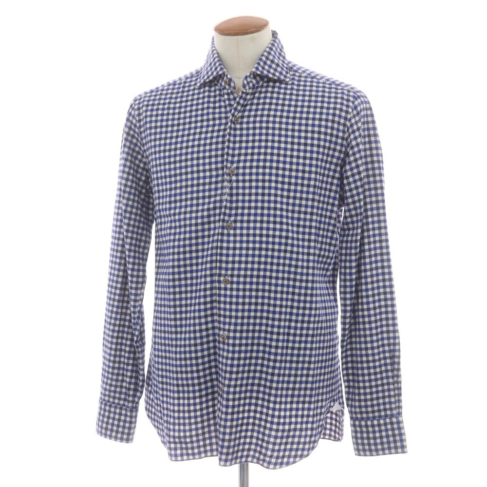 【中古】バルバ ダンディライフ BARBA DANDY LIFE コットン チェック ワイドカラー カジュアルシャツ ブルーxネイビー【 40 】【 状態ランクC 】【 メンズ 】