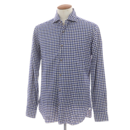 【中古】バルバ ダンディライフ BARBA DANDY LIFE コットン チェック ワイドカラー カジュアルシャツ ブルーxネイビー【 40 】【 状態ランクC 】【 メンズ 】