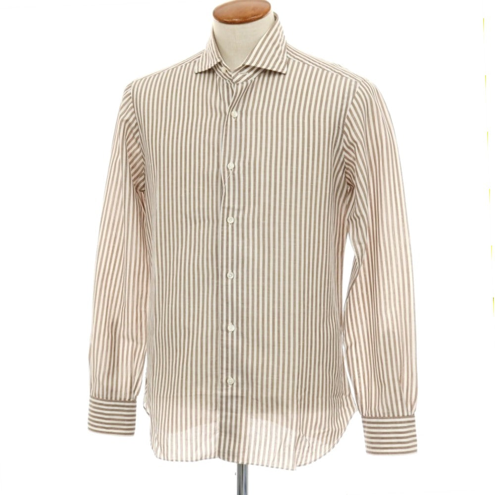 【中古】バルバ ダンディライフ BARBA DANDY LIFE コットンリネン ストライプ ワイドカラー カジュアルシャツ ブラウンxホワイト【サイズ40】【 状態ランクC 】【 メンズ 】