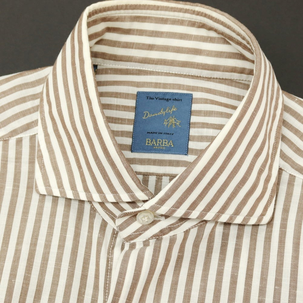 【中古】バルバ ダンディライフ BARBA DANDY LIFE コットンリネン ストライプ ワイドカラー カジュアルシャツ ブラウンxホワイト【サイズ40】【 状態ランクC 】【 メンズ 】