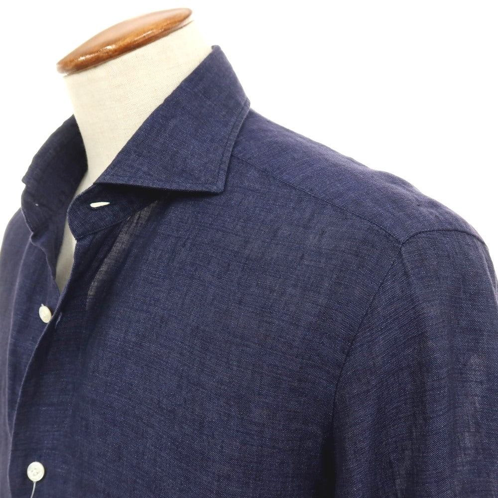 【中古】バルバ ダンディライフ BARBA DANDY LIFE リネン ワイドカラー カジュアルシャツ ネイビー【サイズ40】【 状態ランクB 】【 メンズ 】