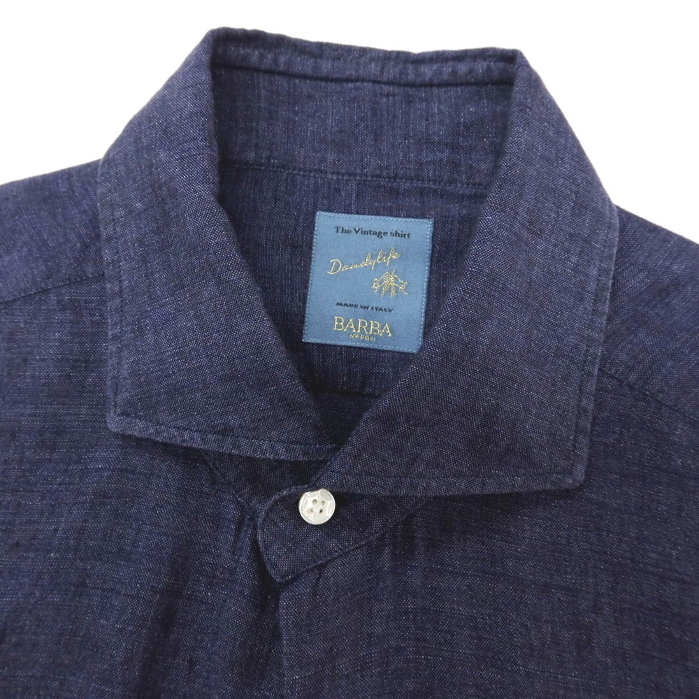 【中古】バルバ ダンディライフ BARBA DANDY LIFE リネン ワイドカラー カジュアルシャツ ネイビー【サイズ40】【 状態ランクB 】【 メンズ 】
