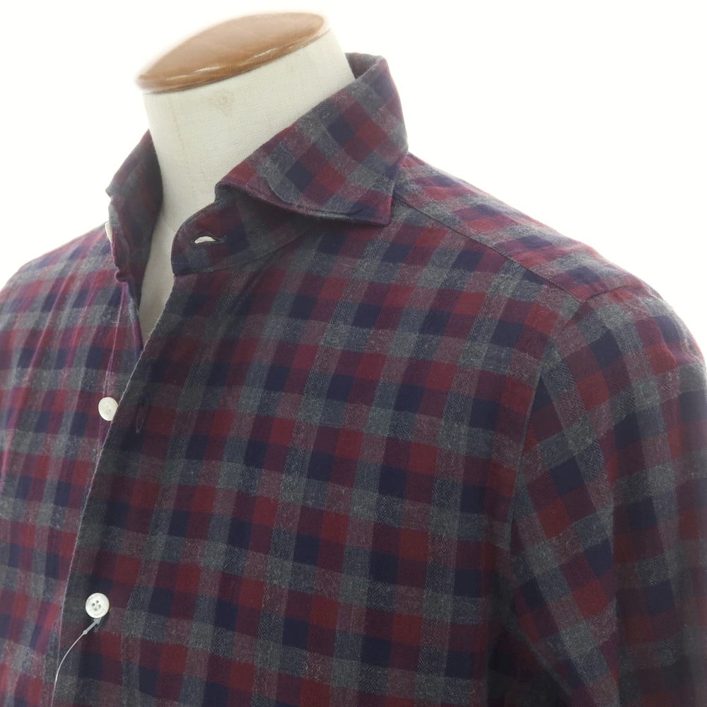 【中古】フィナモレ Finamore コットン チェック ホリゾンタルカラー カジュアルシャツ グレーxワイン【 40 】【 状態ランクB 】【 メンズ 】