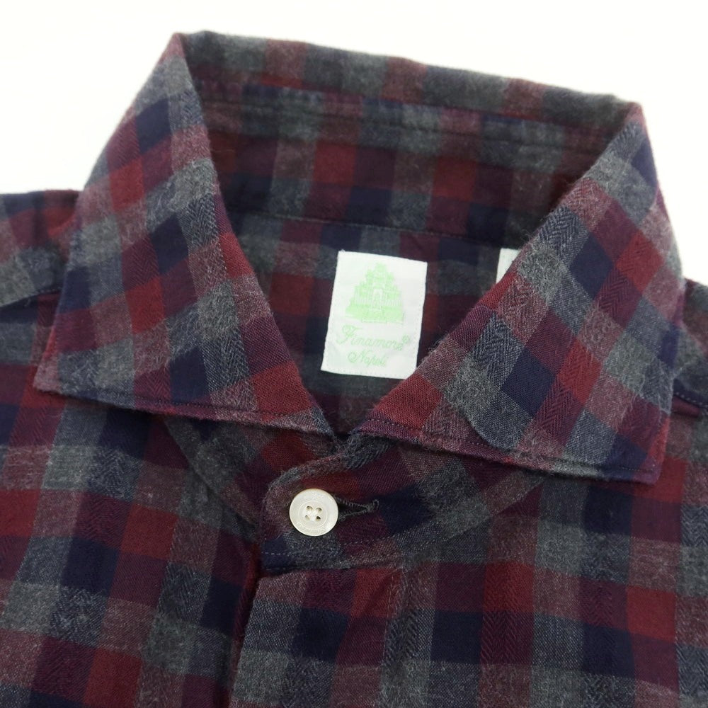 【中古】フィナモレ Finamore コットン チェック ホリゾンタルカラー カジュアルシャツ グレーxワイン【 40 】【 状態ランクB 】【 メンズ 】