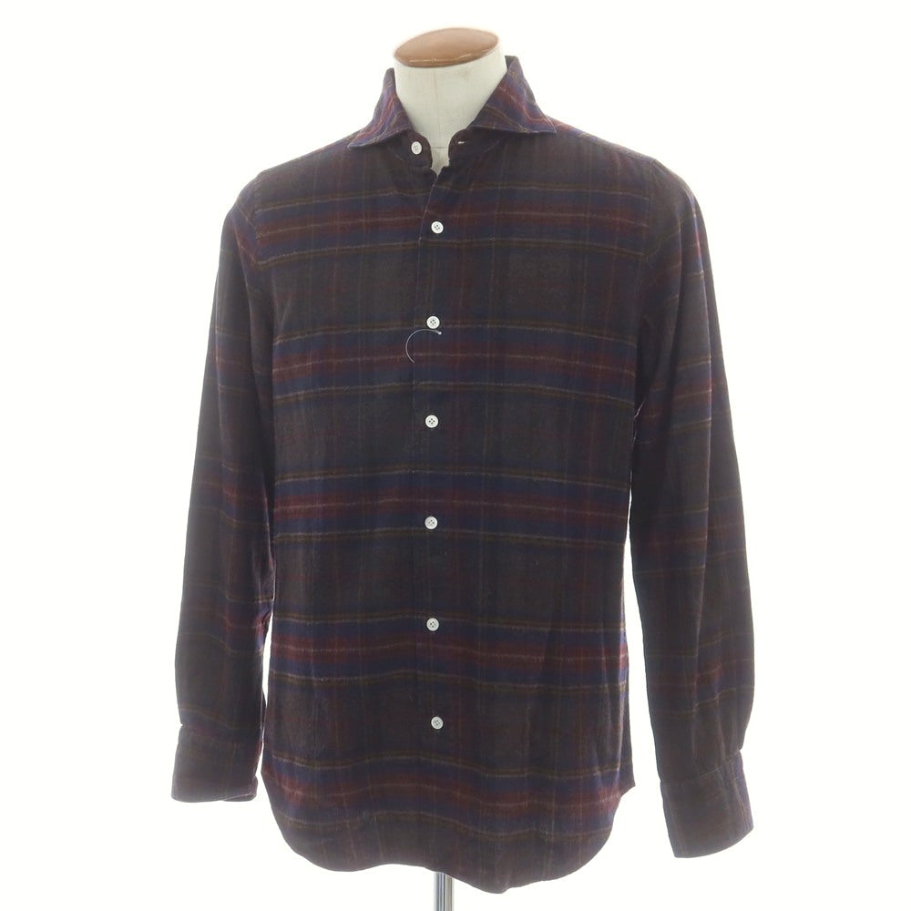 【中古】フィナモレ Finamore コットン チェック ホリゾンタルカラー カジュアルシャツ ダークブラウンxネイビー【 40 】【 状態ランクB 】【 メンズ 】