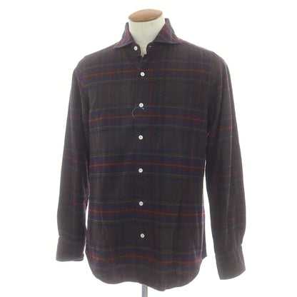 【中古】フィナモレ Finamore コットン チェック ホリゾンタルカラー カジュアルシャツ ダークブラウンxネイビー【 40 】【 状態ランクB 】【 メンズ 】