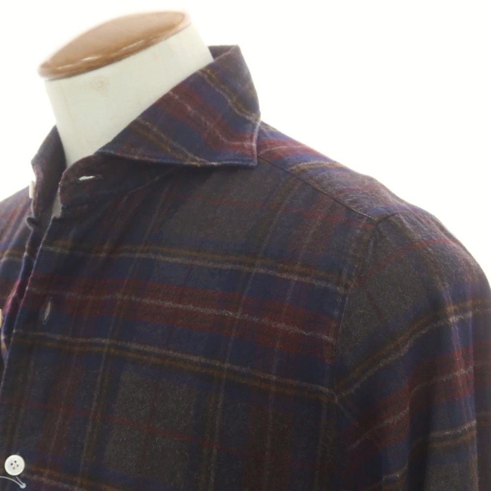 【中古】フィナモレ Finamore コットン チェック ホリゾンタルカラー カジュアルシャツ ダークブラウンxネイビー【 40 】【 状態ランクB 】【 メンズ 】