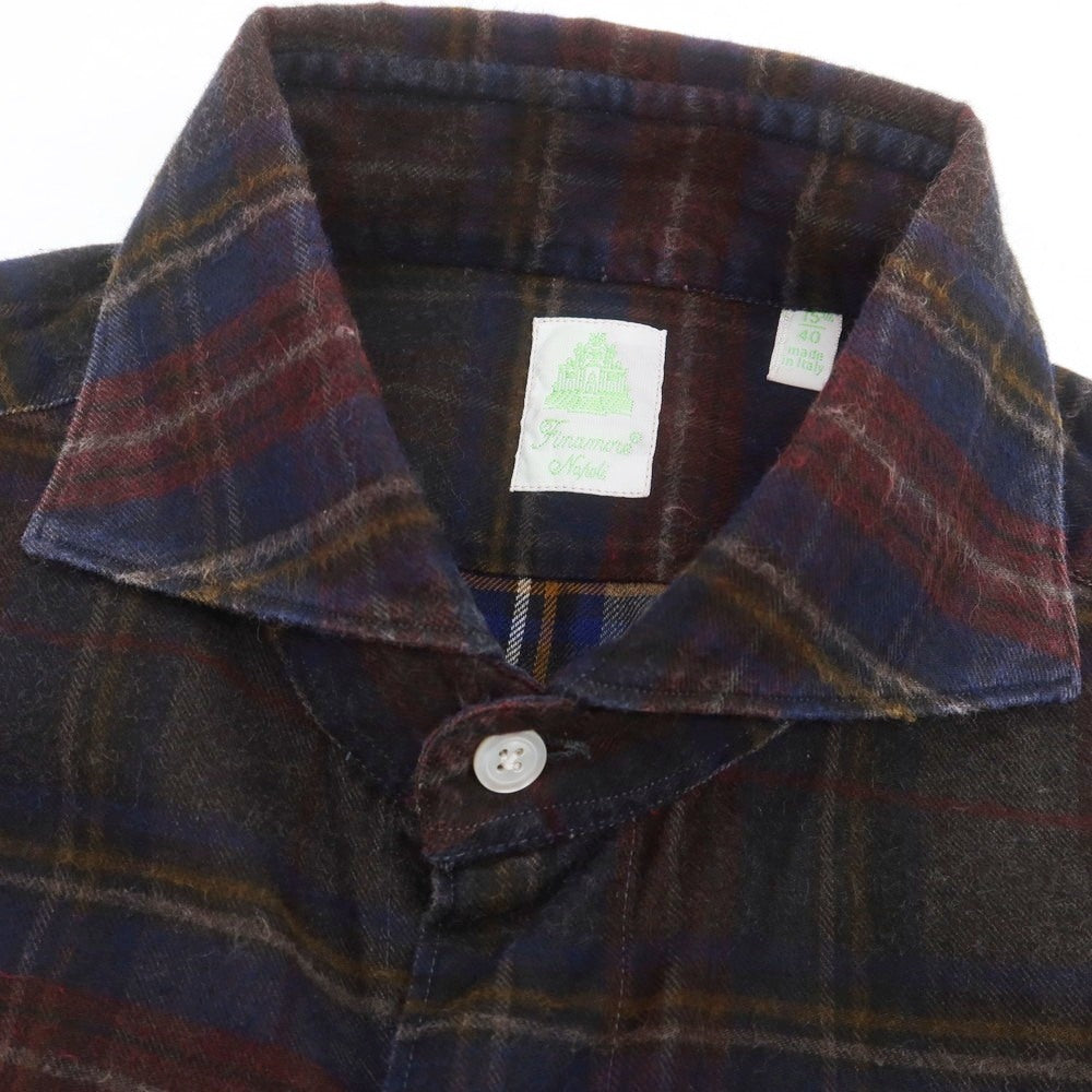 【中古】フィナモレ Finamore コットン チェック ホリゾンタルカラー カジュアルシャツ ダークブラウンxネイビー【 40 】【 状態ランクB 】【 メンズ 】