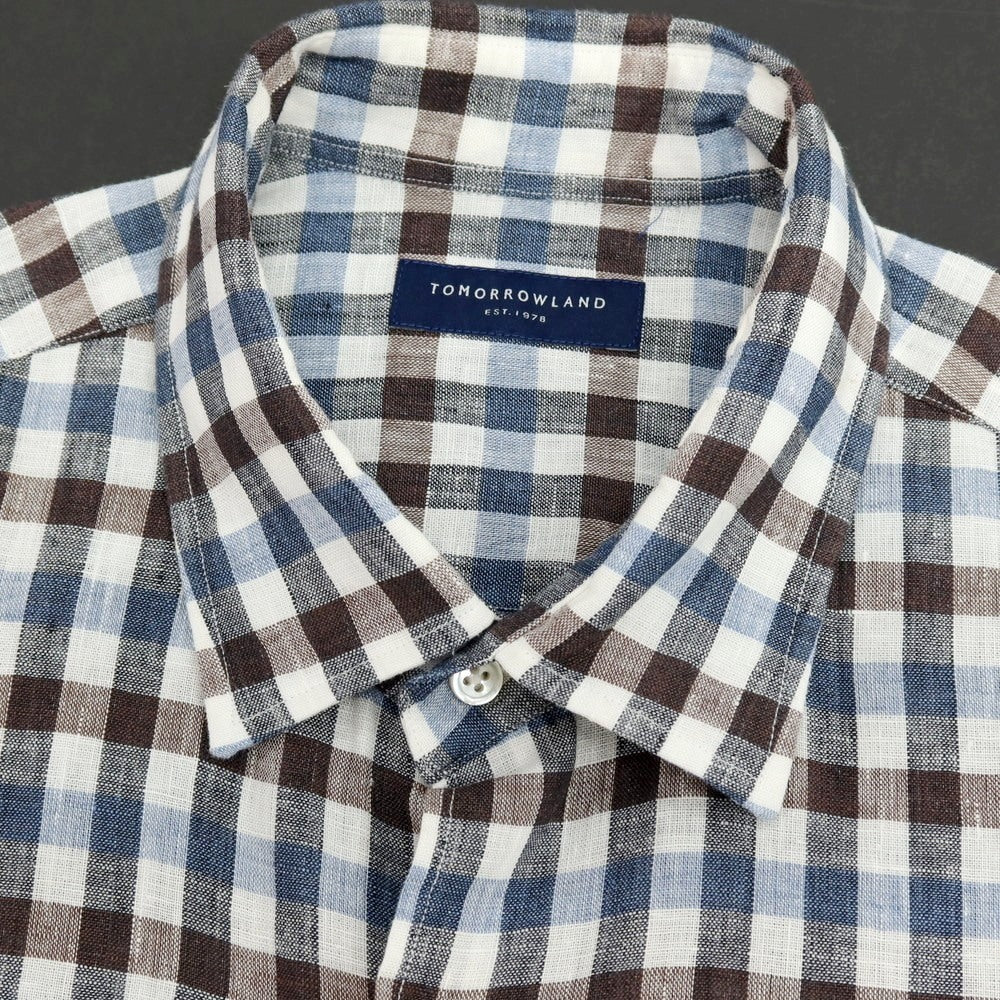 【中古】トゥモローランド TOMORROWLAND リネン チェック レギュラーカラー カジュアルシャツ ホワイトxブラウン【サイズM】【 状態ランクB 】【 メンズ 】