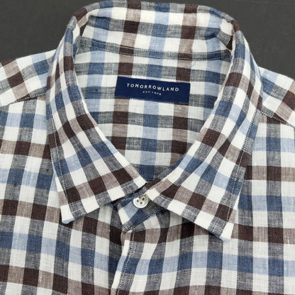 【中古】トゥモローランド TOMORROWLAND リネン チェック レギュラーカラー カジュアルシャツ ホワイトxブラウン【サイズM】【 状態ランクB 】【 メンズ 】