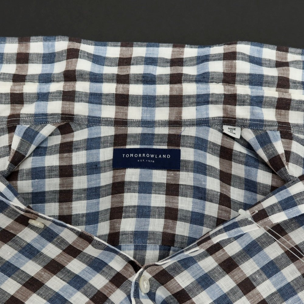 【中古】トゥモローランド TOMORROWLAND リネン チェック レギュラーカラー カジュアルシャツ ホワイトxブラウン【サイズM】【 状態ランクB 】【 メンズ 】