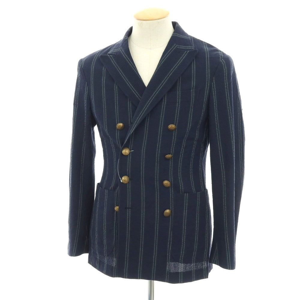 【中古】ザ ジジ THE GIGI ストレッチ コットン シアサッカー ストライプ ダブル8B カジュアルジャケット ネイビー【 42 】【 状態ランクC 】【 メンズ 】