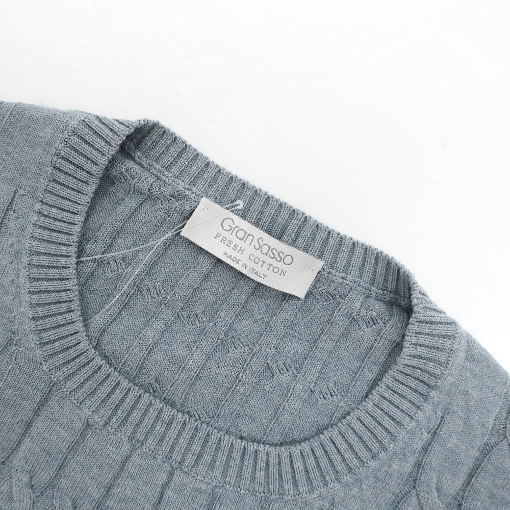 【中古】グランサッソ GRAN SASSO ケーブル編み ハイゲージ コットン クルーネック プルオーバーニット グレイッシュブルー【サイズ46】【 状態ランクB 】【 メンズ 】