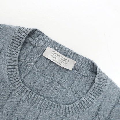 【中古】グランサッソ GRAN SASSO ケーブル編み ハイゲージ コットン クルーネック プルオーバーニット グレイッシュブルー【サイズ46】【 状態ランクB 】【 メンズ 】