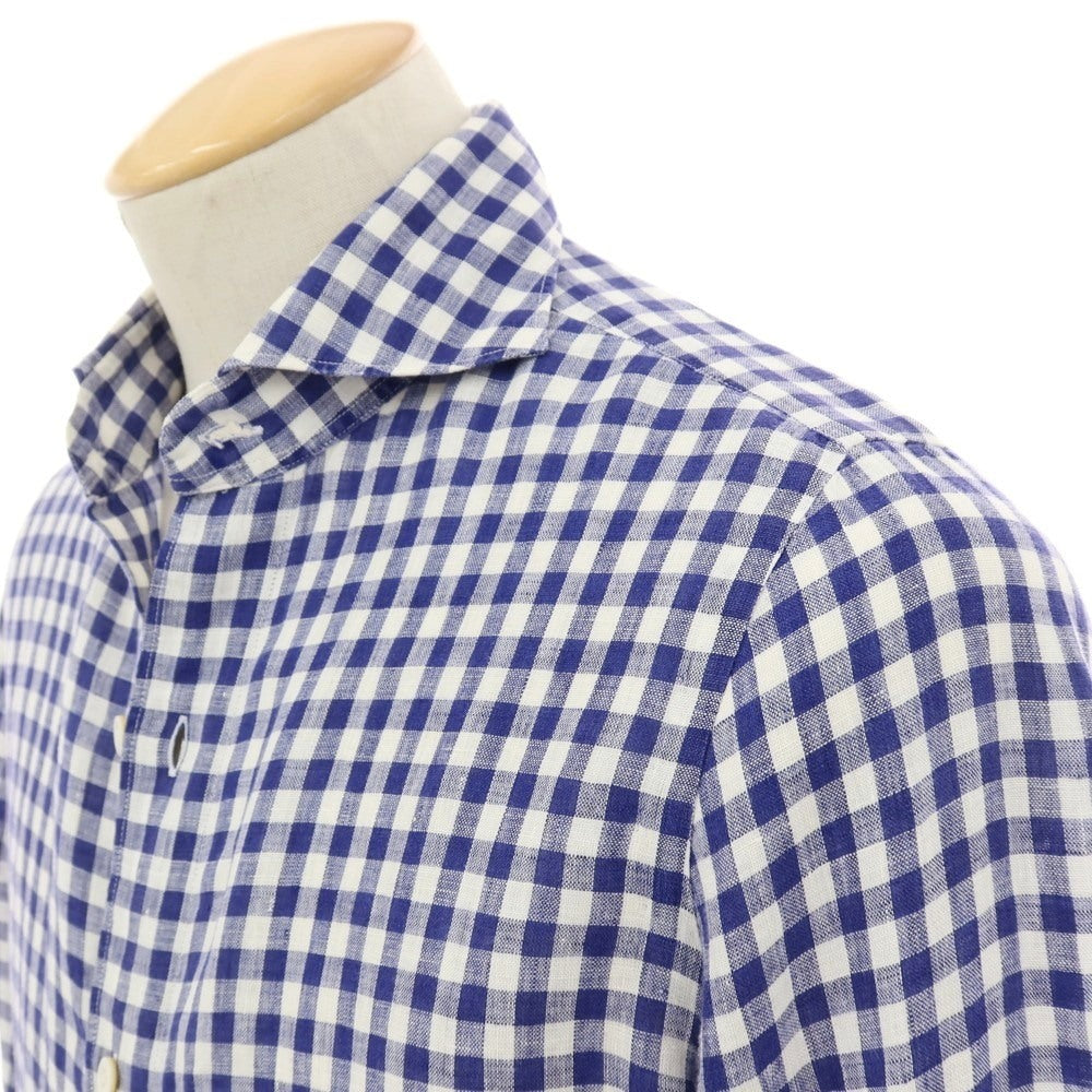 【中古】フィナモレ Finamore リネン ギンガムチェック ホリゾンタルカラー カジュアルシャツ ネイビーxホワイト【サイズ38】【 状態ランクC 】【 メンズ 】