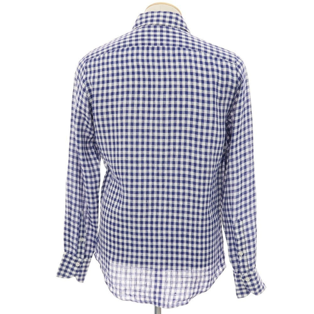 【中古】フィナモレ Finamore リネン ギンガムチェック ホリゾンタルカラー カジュアルシャツ ネイビーxホワイト【サイズ38】【 状態ランクC 】【 メンズ 】