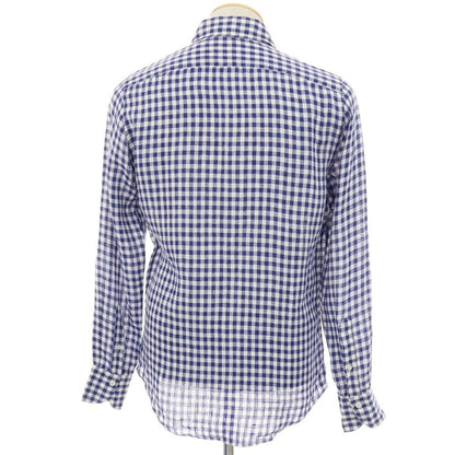 【中古】フィナモレ Finamore リネン ギンガムチェック ホリゾンタルカラー カジュアルシャツ ネイビーxホワイト【サイズ38】【 状態ランクC 】【 メンズ 】