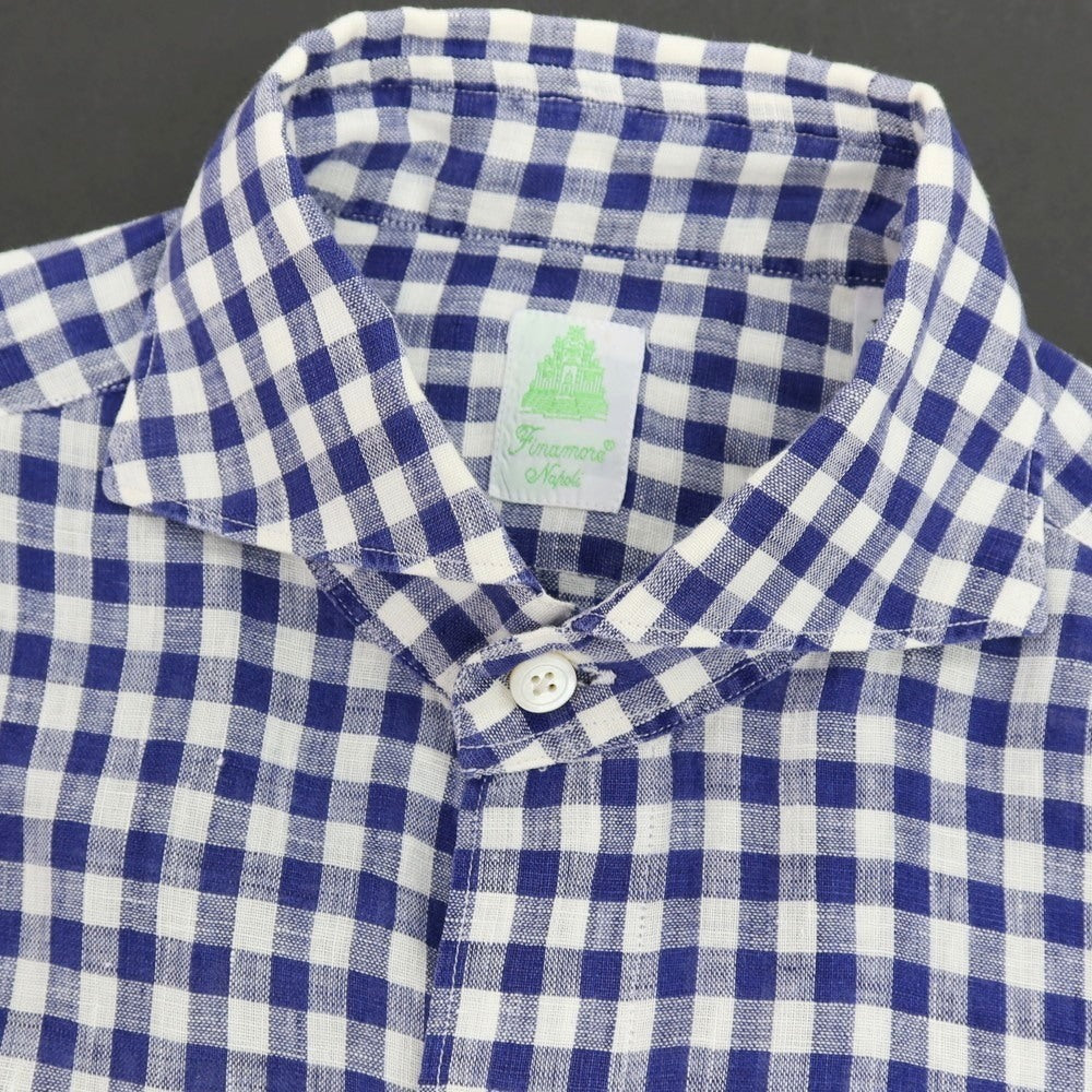 【中古】フィナモレ Finamore リネン ギンガムチェック ホリゾンタルカラー カジュアルシャツ ネイビーxホワイト【サイズ38】【 状態ランクC 】【 メンズ 】