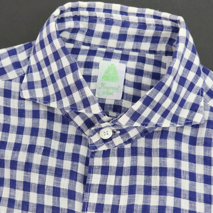 【中古】フィナモレ Finamore リネン ギンガムチェック ホリゾンタルカラー カジュアルシャツ ネイビーxホワイト【サイズ38】【 状態ランクC 】【 メンズ 】