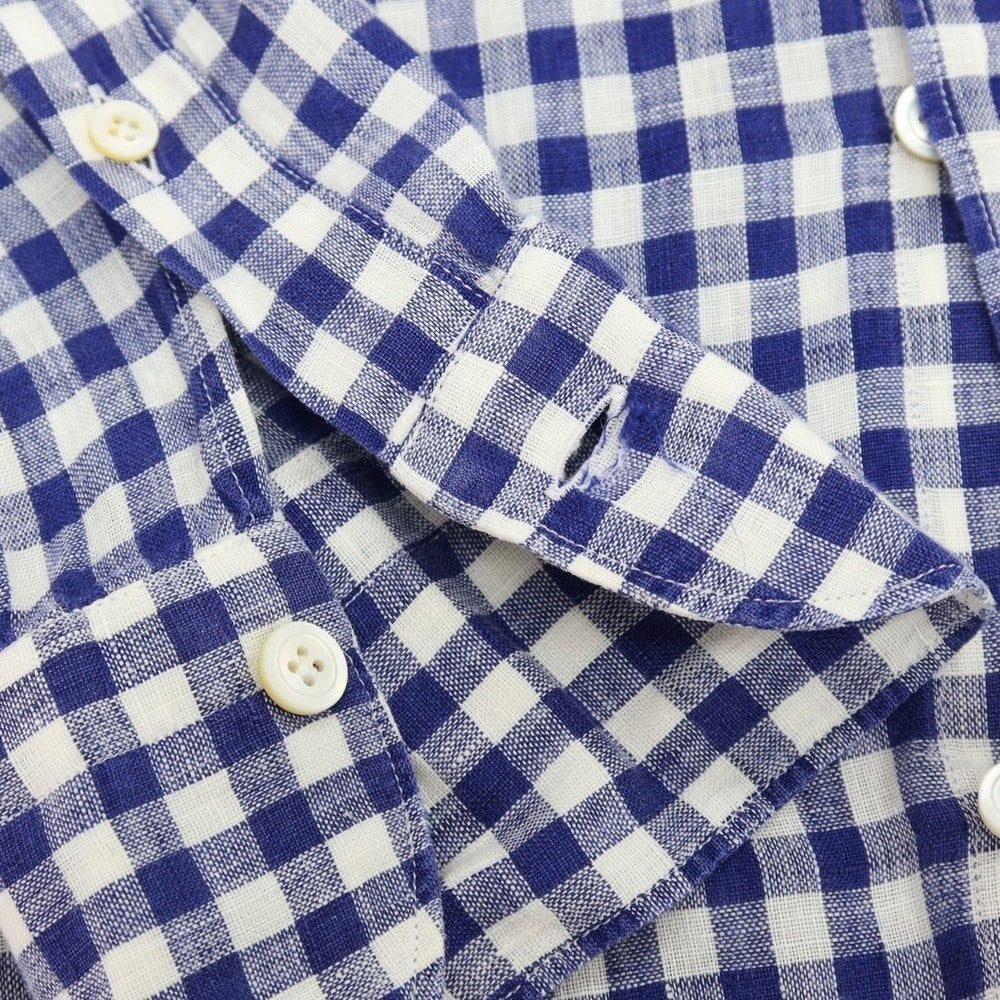 【中古】フィナモレ Finamore リネン ギンガムチェック ホリゾンタルカラー カジュアルシャツ ネイビーxホワイト【サイズ38】【 状態ランクC 】【 メンズ 】