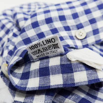 【中古】フィナモレ Finamore リネン ギンガムチェック ホリゾンタルカラー カジュアルシャツ ネイビーxホワイト【サイズ38】【 状態ランクC 】【 メンズ 】