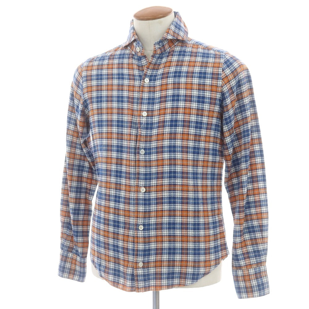 【中古】フィナモレ Finamore コットン チェック カッタウェイ カジュアルシャツ オレンジxブルー×ネイビー【 39 】【 状態ランクC 】【 メンズ 】