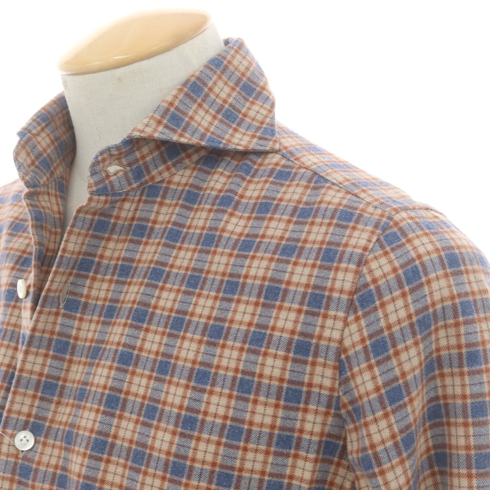 【中古】フィナモレ Finamore コットン チェック ホリゾンタルカラー カジュアルシャツ ベージュxブルー×ブラウン【 38 】【 状態ランクC 】【 メンズ 】