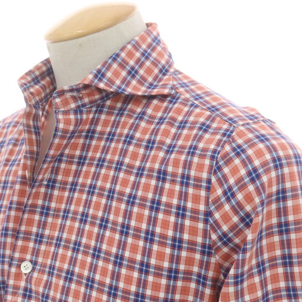 【中古】フィナモレ Finamore コットン チェック ホリゾンタルカラー カジュアルシャツ サーモンピンク系xブルー【 38 】【 状態ランクB 】【 メンズ 】