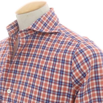 【中古】フィナモレ Finamore コットン チェック ホリゾンタルカラー カジュアルシャツ サーモンピンク系xブルー【 38 】【 状態ランクB 】【 メンズ 】