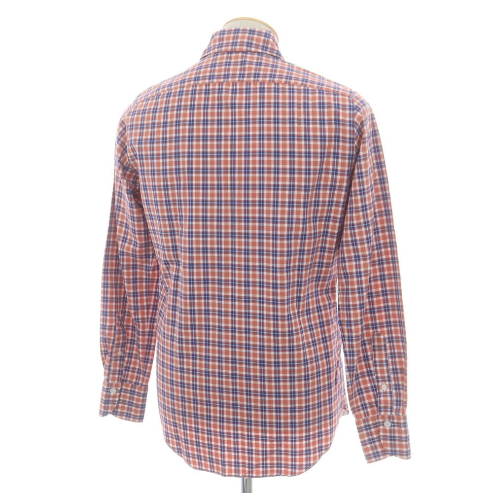 【中古】フィナモレ Finamore コットン チェック ホリゾンタルカラー カジュアルシャツ サーモンピンク系xブルー【 38 】【 状態ランクB 】【 メンズ 】
