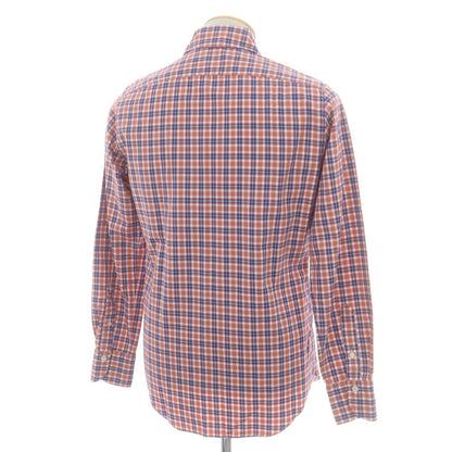 【中古】フィナモレ Finamore コットン チェック ホリゾンタルカラー カジュアルシャツ サーモンピンク系xブルー【 38 】【 状態ランクB 】【 メンズ 】