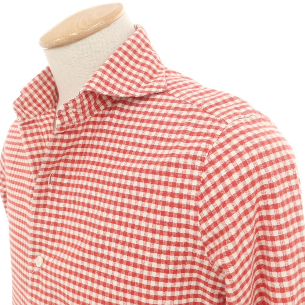 【中古】フィナモレ Finamore コットン ギンガムチェック ホリゾンタルカラー カジュアルシャツ レッドxホワイト【 38 】【 状態ランクC 】【 メンズ 】