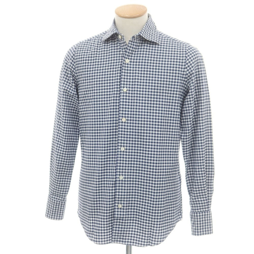 【中古】フィナモレ Finamore コットン ギンガムチェック ワイドカラー カジュアルシャツ ネイビーxホワイト【 38 】【 状態ランクB 】【 メンズ 】