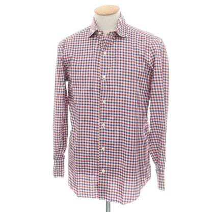 【中古】フィナモレ Finamore コットン チェック ワイドカラー カジュアルシャツ レッドxネイビー【 38 】【 状態ランクB 】【 メンズ 】