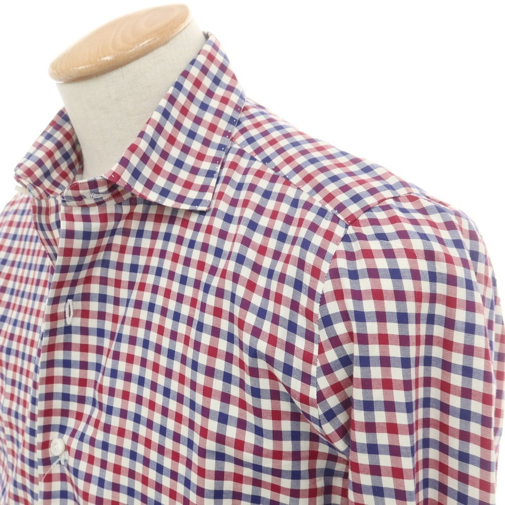 【中古】フィナモレ Finamore コットン チェック ワイドカラー カジュアルシャツ レッドxネイビー【 38 】【 状態ランクB 】【 メンズ 】