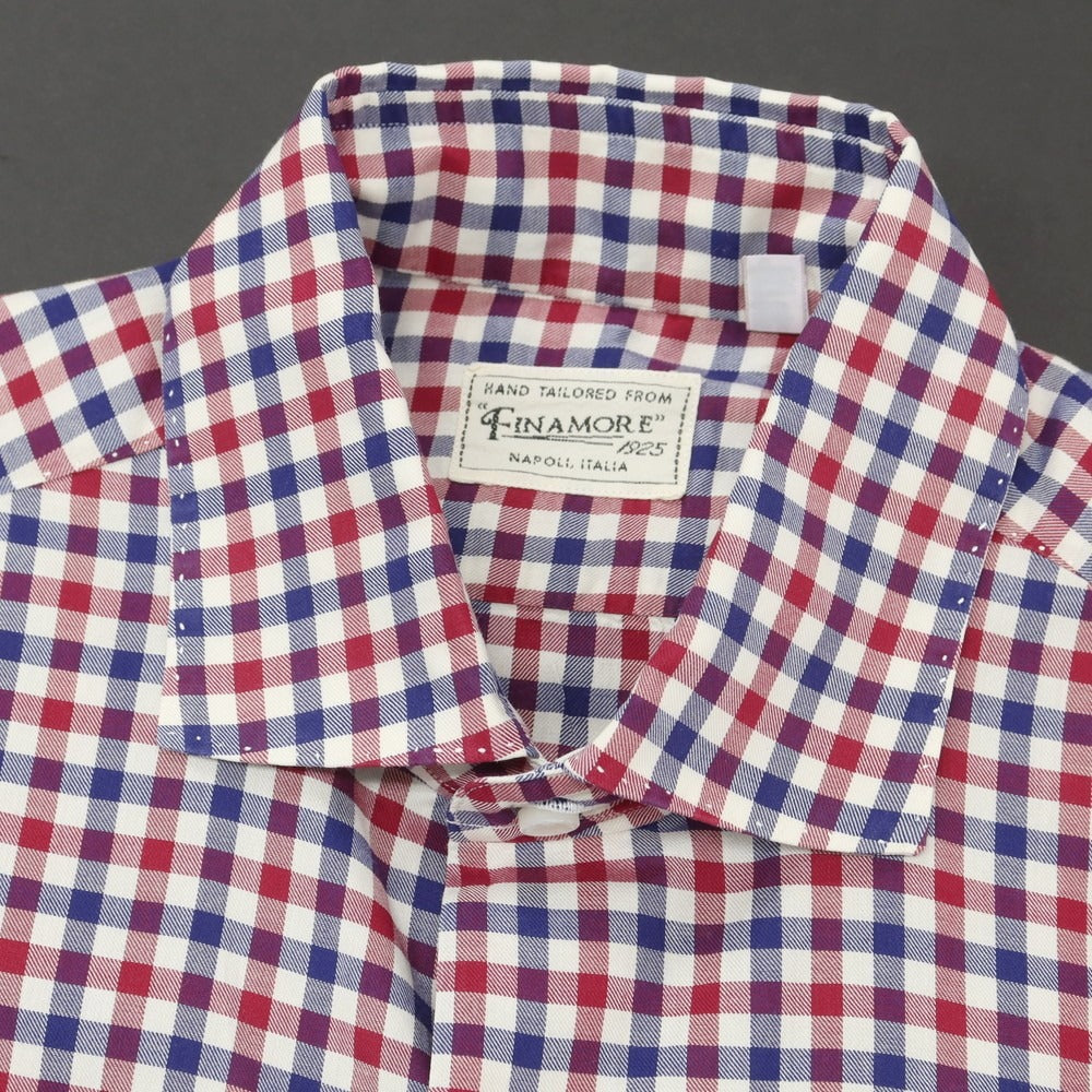 【中古】フィナモレ Finamore コットン チェック ワイドカラー カジュアルシャツ レッドxネイビー【 38 】【 状態ランクB 】【 メンズ 】