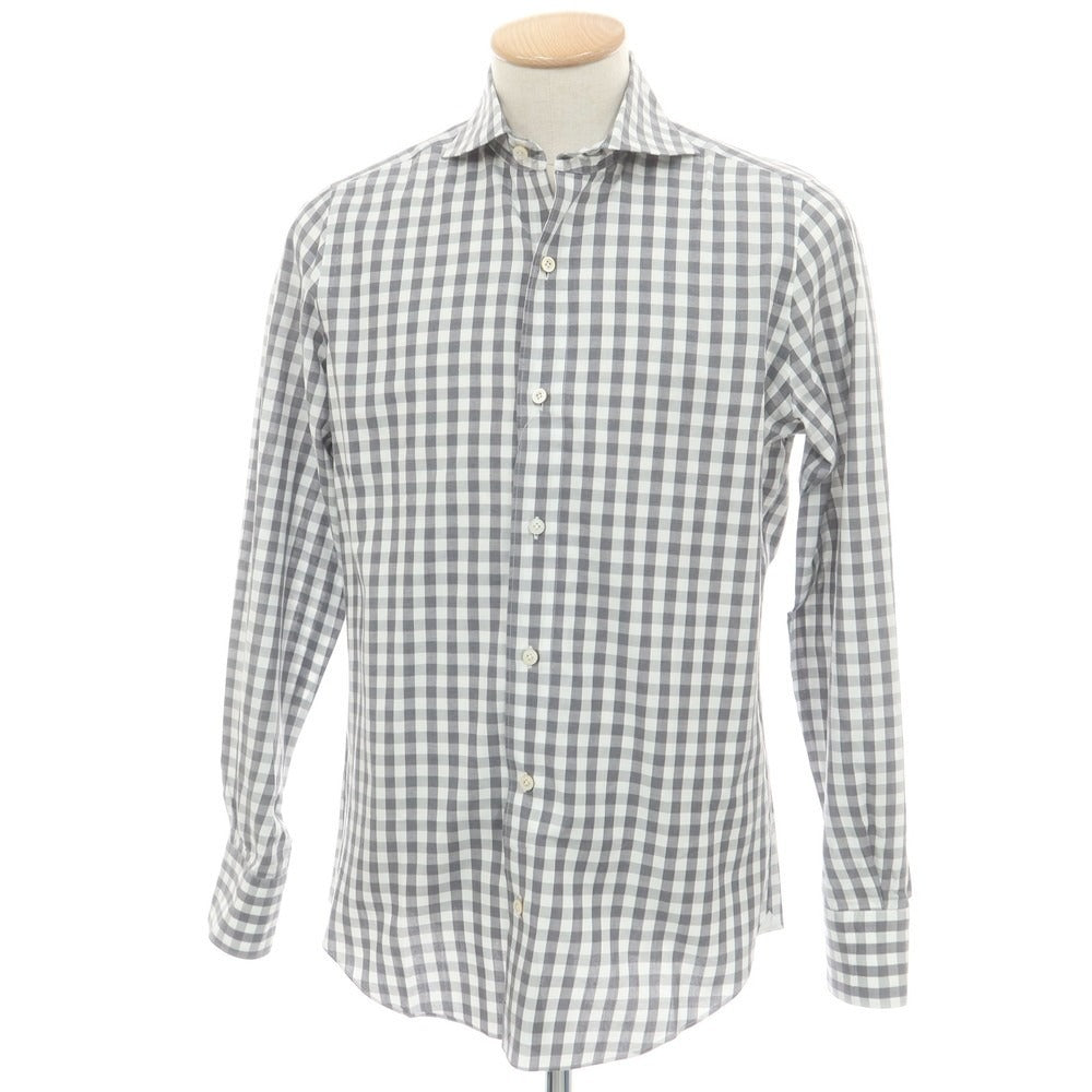 【中古】フィナモレ Finamore コットン ギンガムチェック ホリゾンタルカラー カジュアルシャツ グレーxホワイト【 38 】【 状態ランクB 】【 メンズ 】