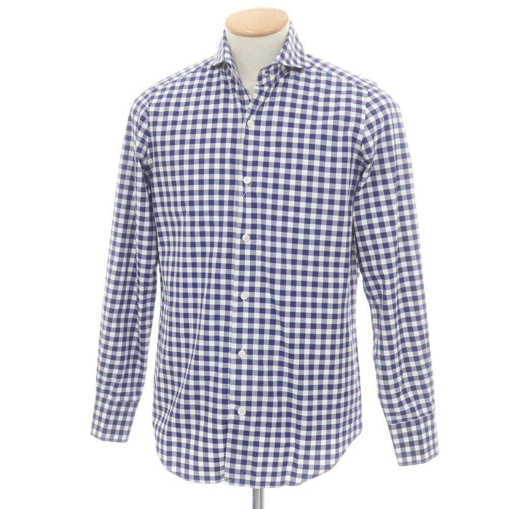 【中古】フィナモレ Finamore コットン ギンガムチェック カッタウェイ カジュアルシャツ ネイビーxホワイト【 38 】【 状態ランクB 】【 メンズ 】