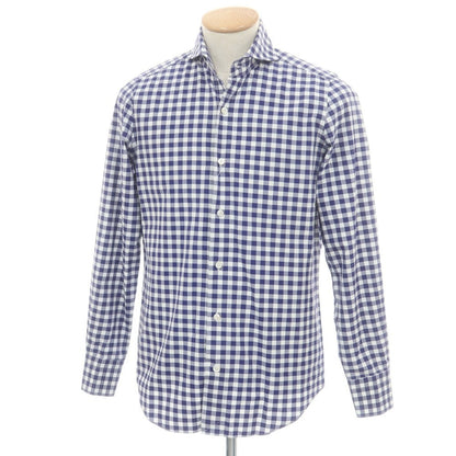 【中古】フィナモレ Finamore コットン ギンガムチェック カッタウェイ カジュアルシャツ ネイビーxホワイト【 38 】【 状態ランクB 】【 メンズ 】