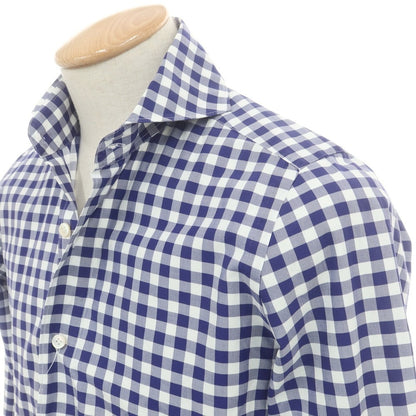 【中古】フィナモレ Finamore コットン ギンガムチェック カッタウェイ カジュアルシャツ ネイビーxホワイト【 38 】【 状態ランクB 】【 メンズ 】