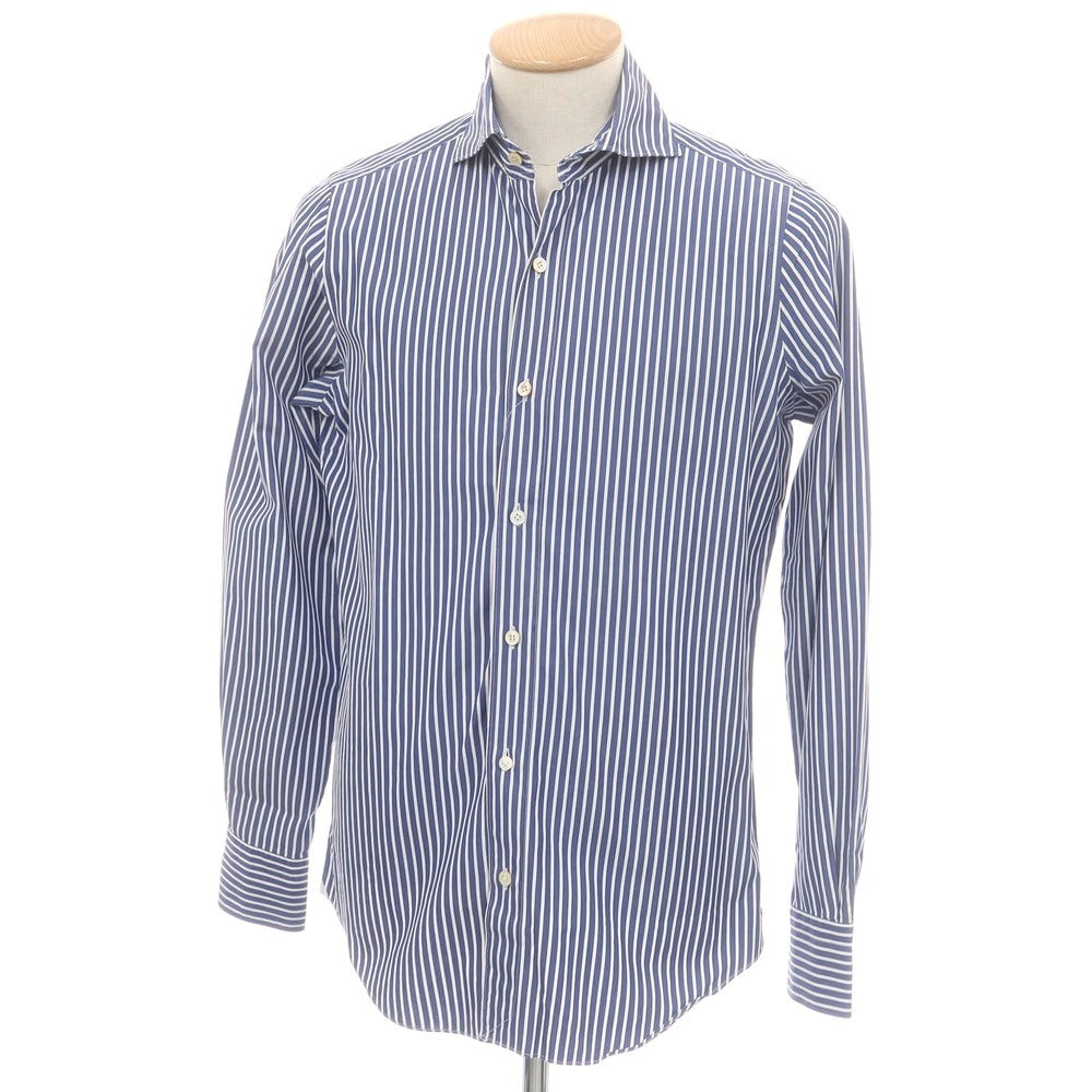 【中古】フィナモレ Finamore コットン ストライプ ホリゾンタルカラー ドレスシャツ ネイビーxホワイト【 38 】【 状態ランクB 】【 メンズ 】