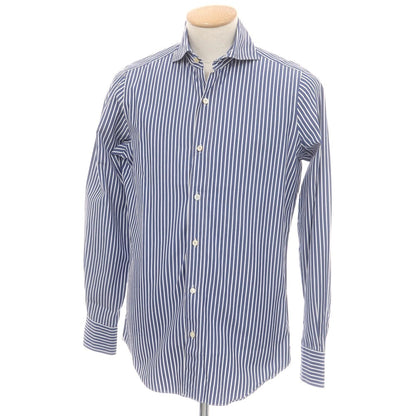 【中古】フィナモレ Finamore コットン ストライプ ホリゾンタルカラー ドレスシャツ ネイビーxホワイト【 38 】【 状態ランクB 】【 メンズ 】